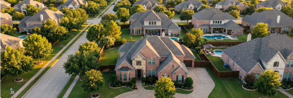 Aerial view of a Frisco, TX neighborhood with a For Sale sign in front of a brick home at golden hour.