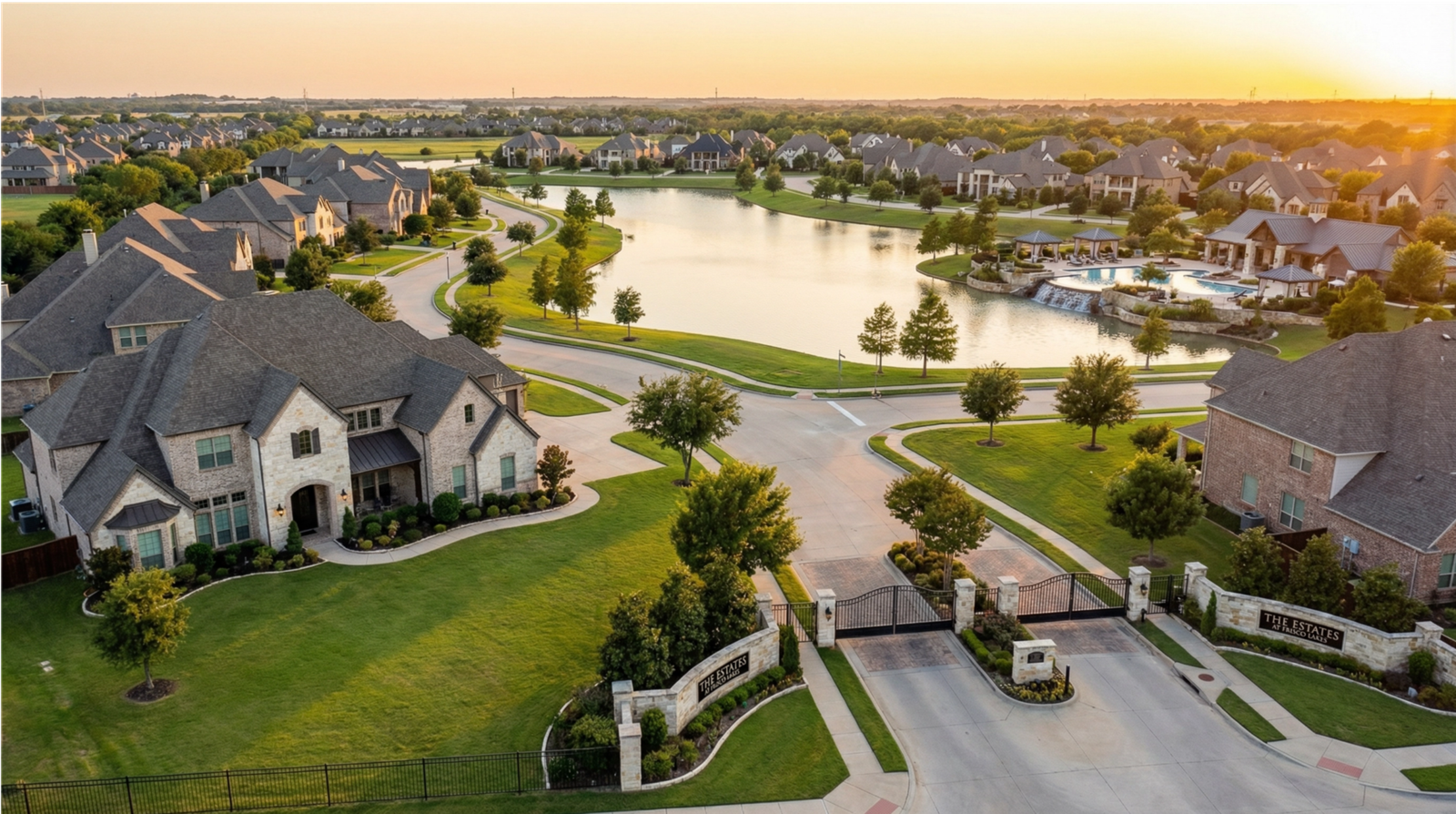 Aerial golden-hour view of a luxury gated community in Frisco, TX with a lake, resort-style pool, and estate homes.