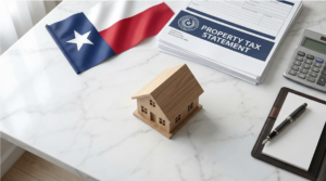Flat-lay of a Texas state flag, a wooden house model, a calculator, and a Property Tax Statement on a white marble desk.