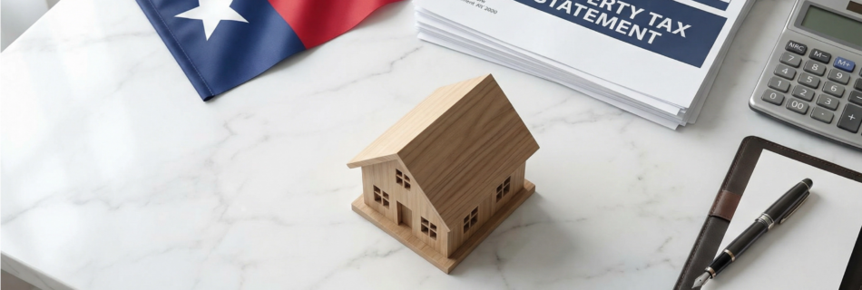 Flat-lay of a Texas state flag, a wooden house model, a calculator, and a Property Tax Statement on a white marble desk.