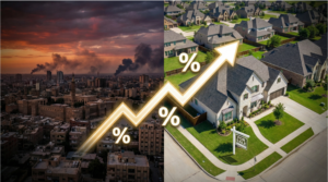 Iran conflict mortgage rates impact shown in split-screen of Middle Eastern skyline and North Dallas neighborhood with rising rate graph
