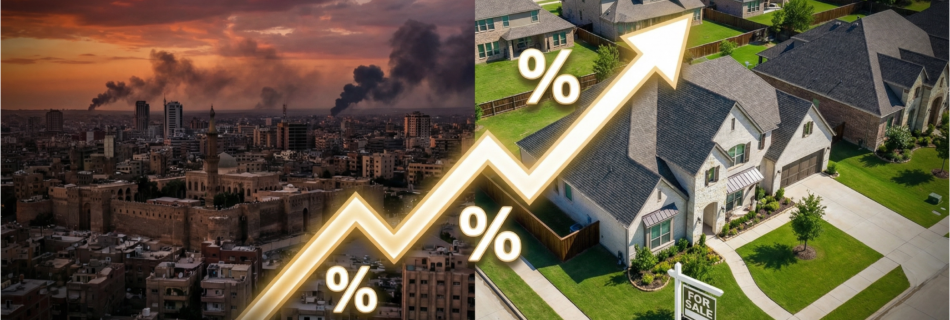 Iran conflict mortgage rates impact shown in split-screen of Middle Eastern skyline and North Dallas neighborhood with rising rate graph