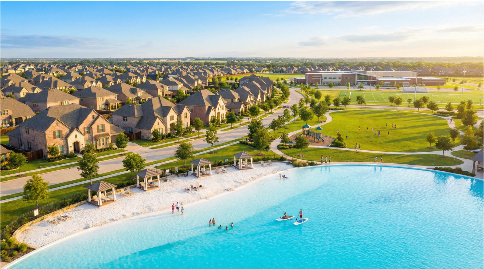 Aerial view of a master-planned community in North Texas with a crystal-clear lagoon, white sand beach, family park, and a modern school building in the background