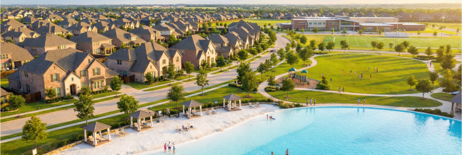 Aerial view of a master-planned community in North Texas with a crystal-clear lagoon, white sand beach, family park, and a modern school building in the background
